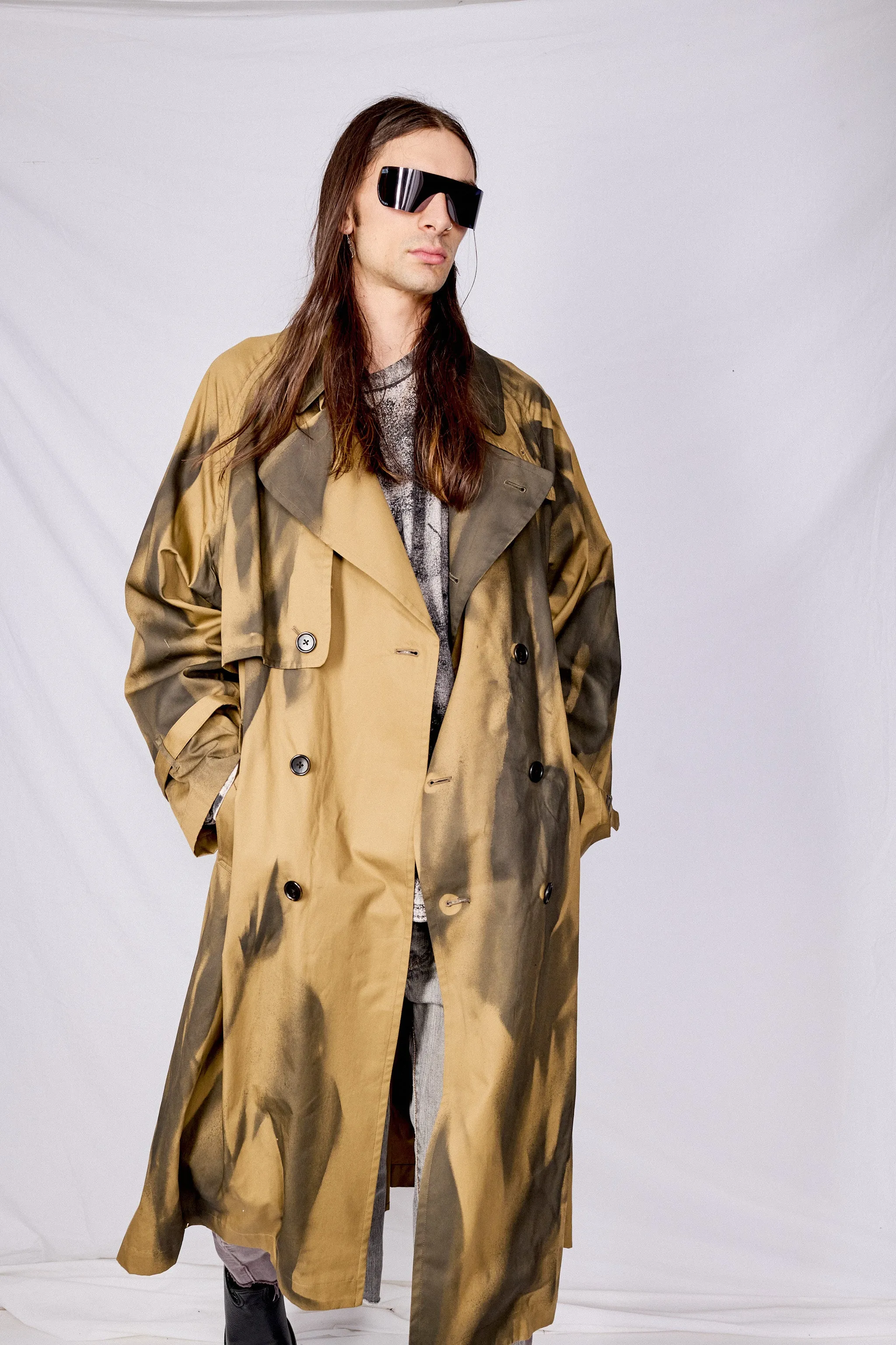 Khaki Spray Printed Trench Coat