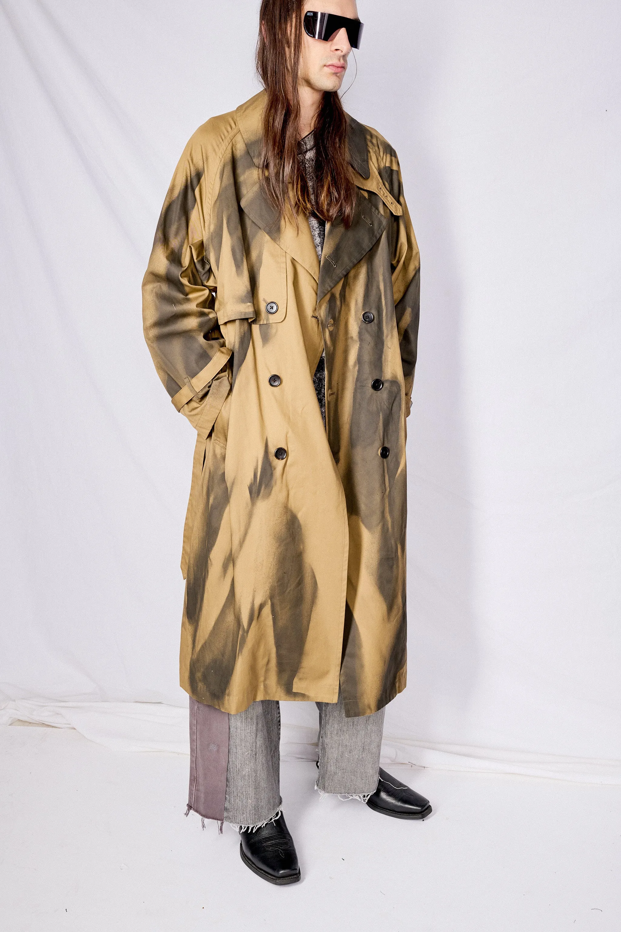 Khaki Spray Printed Trench Coat