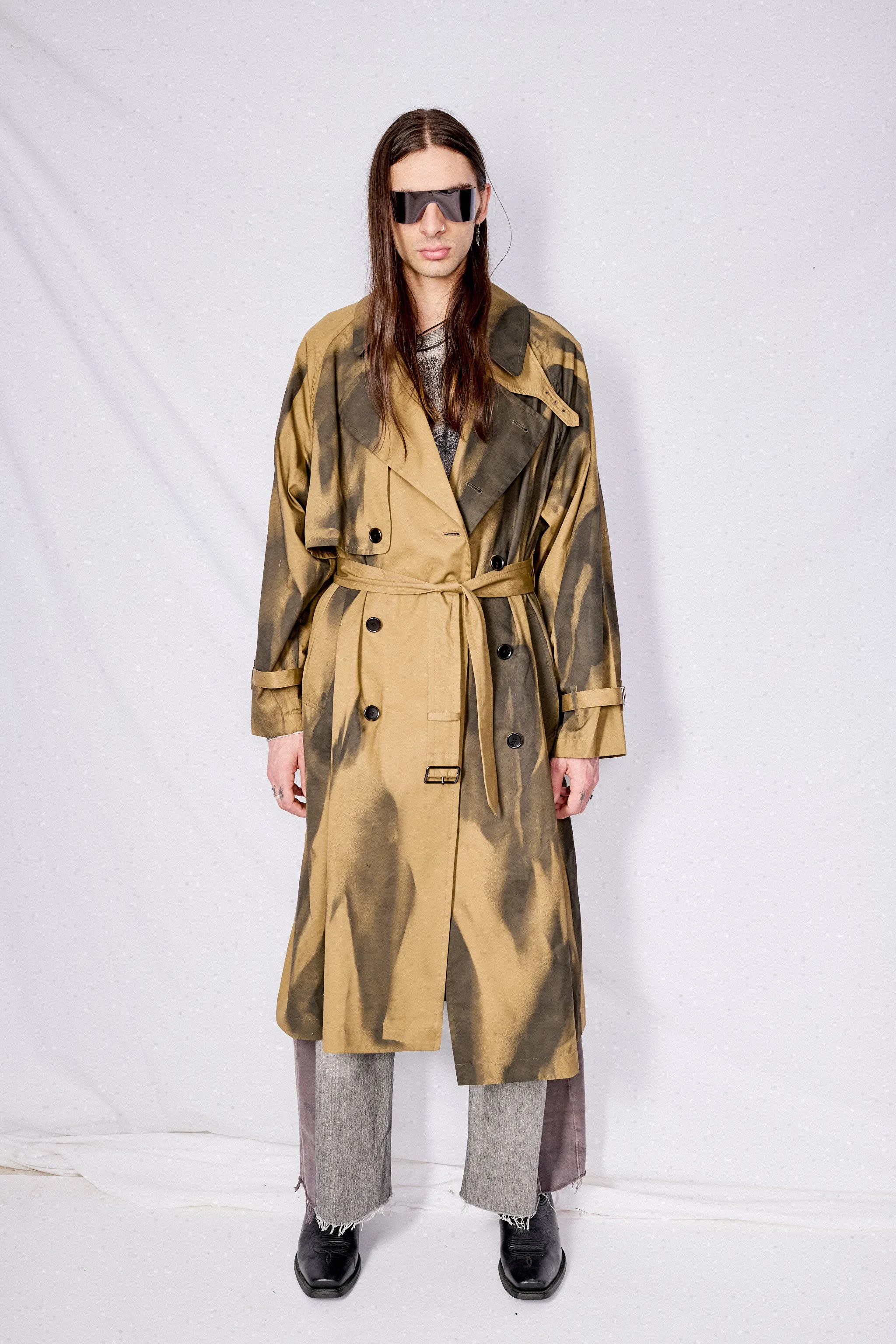 Khaki Spray Printed Trench Coat