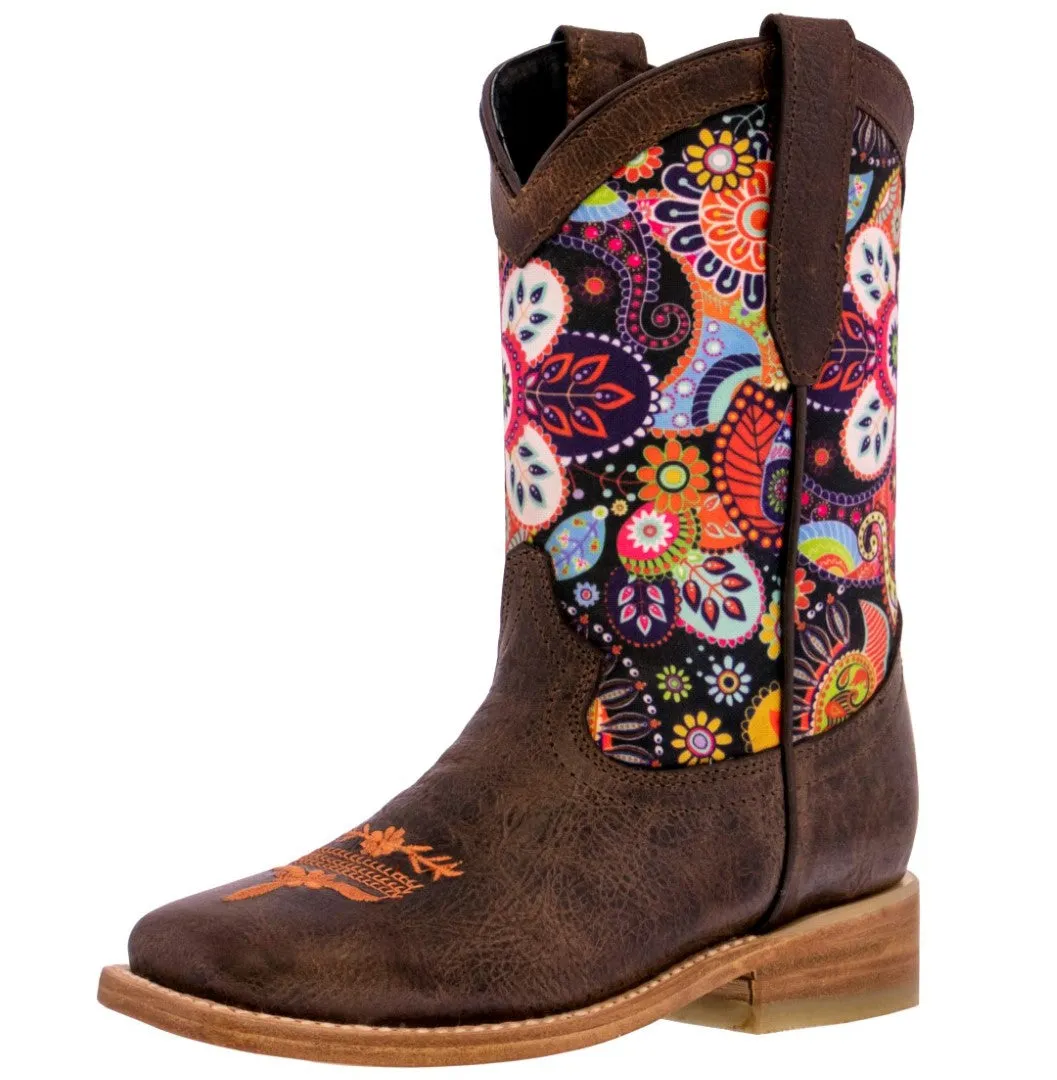 Kids Western Cowboy Boots Paisley Floral Design Leather Square Toe