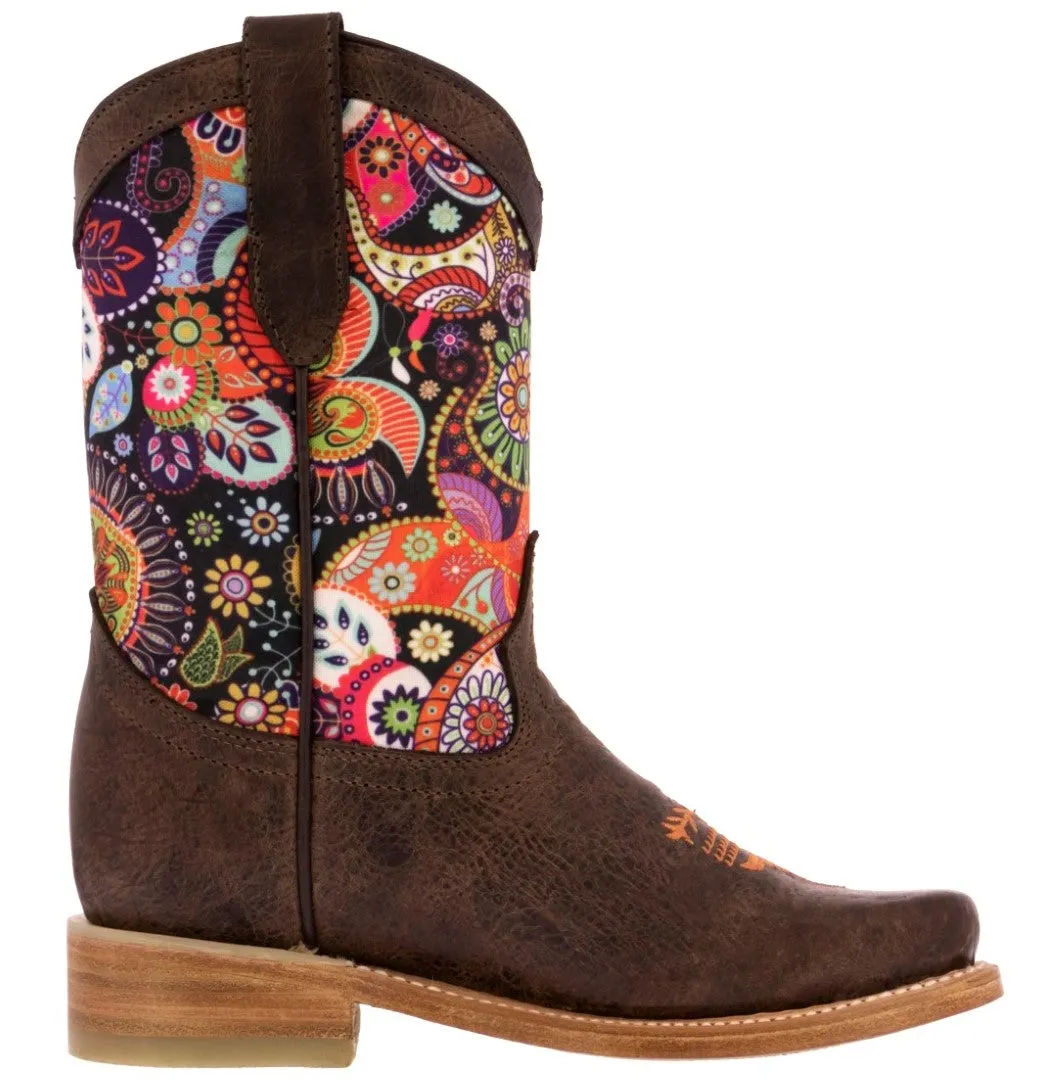 Kids Western Cowboy Boots Paisley Floral Design Leather Square Toe