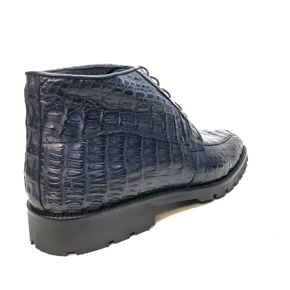 Los Altos Navy Blue All-Over Crocodile Lace Up Ankle Boots