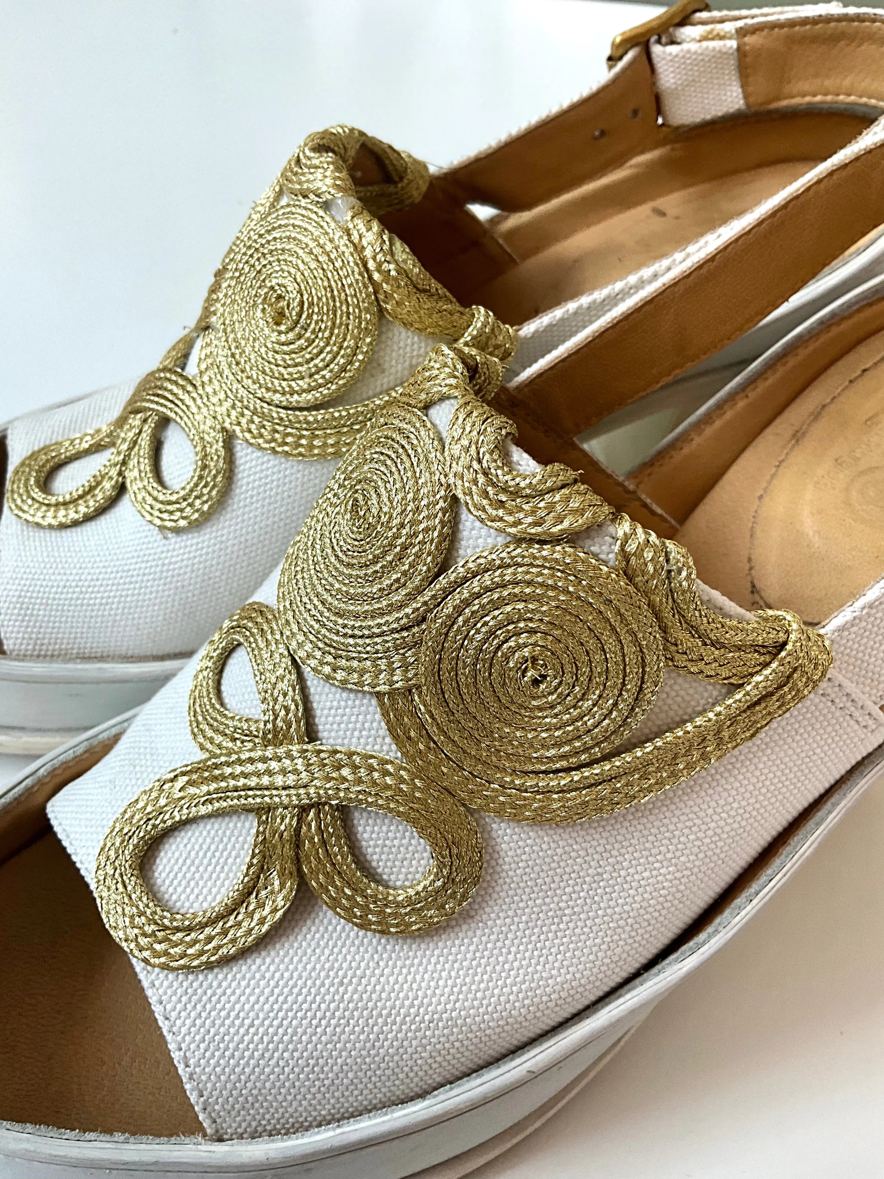 Maison Martin Margiela MM6 White Chunky Slingback Sandals with Gold Braid, Size 8