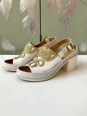 Maison Martin Margiela MM6 White Chunky Slingback Sandals with Gold Braid, Size 8