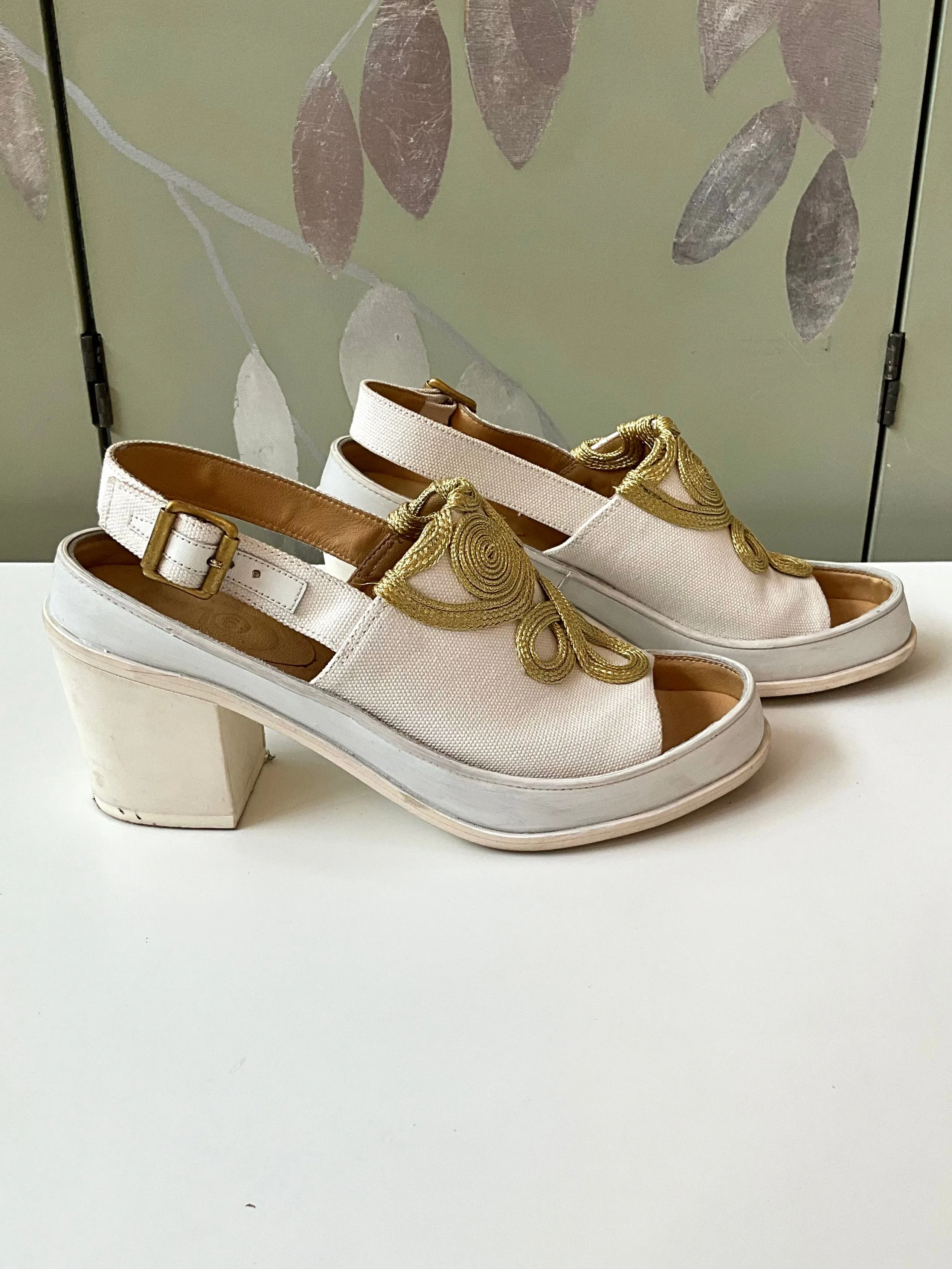 Maison Martin Margiela MM6 White Chunky Slingback Sandals with Gold Braid, Size 8