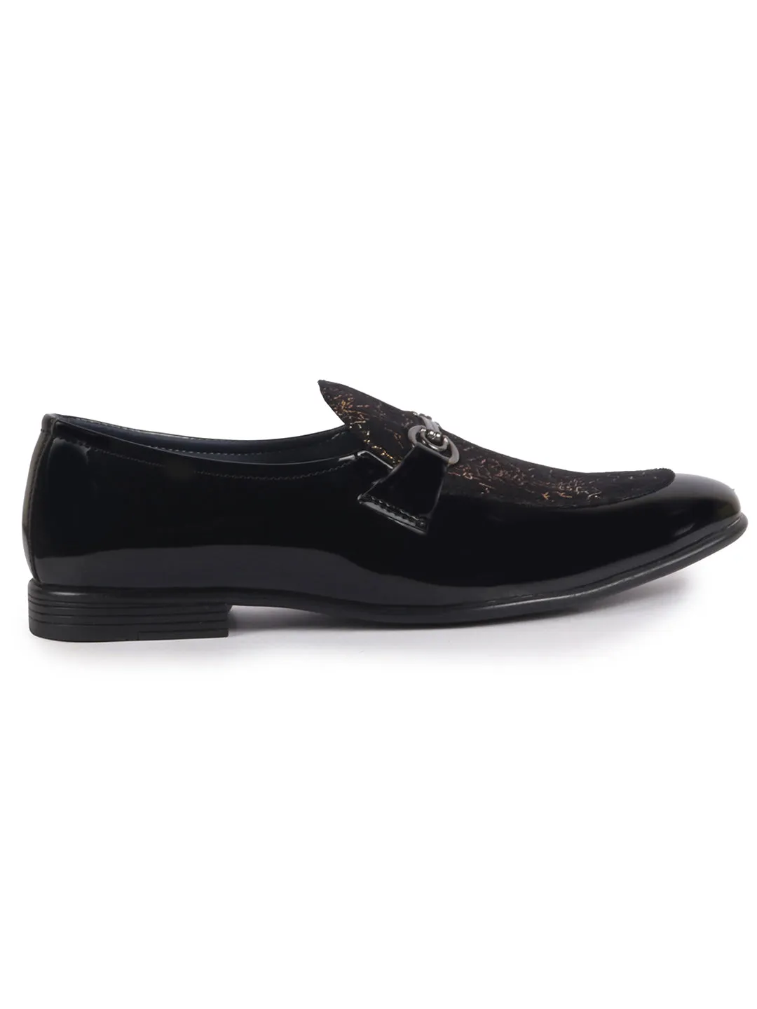 Men Black Velvet Patent Leather Horsebit Buckle Ethnic Slip On Shoes|Party Shoe|Office Shoe|Anti Skid Sole