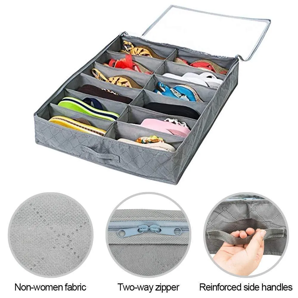 MENOLY 12 Pairs Under Bed Shoe Organizer 2 Pack, Underbed Shoes Storage Boxes Drawer Dividers Shoe Storage Container (Gray) with 2 Pack Black Travel Shoe Bags