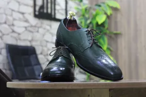 Men's Green Leather Classic Formal Oxford Shoes, Wing Tip Lace Up Shoes