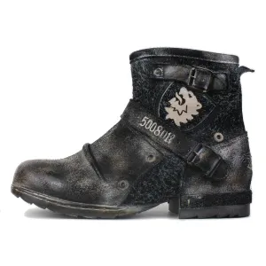 Men's Leather Ankle Moto Boots OS-5008-1-BQ Vintage Black