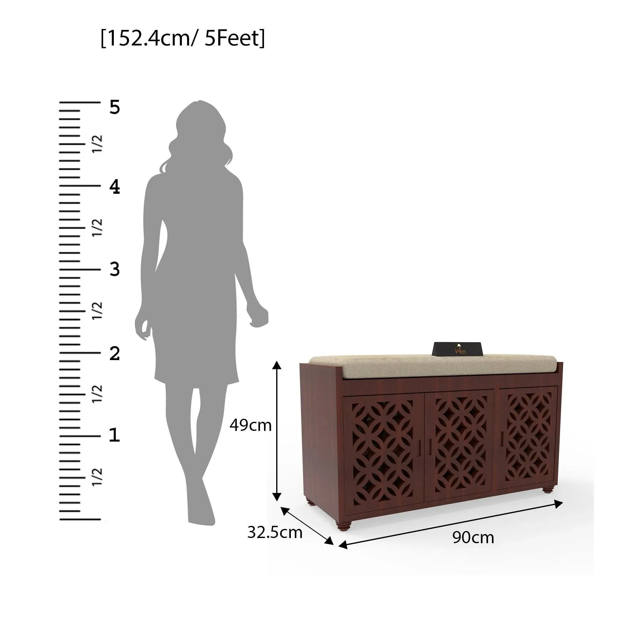 Natural Teak Wood 3 Door Shoe Rack Cabinet with Seat