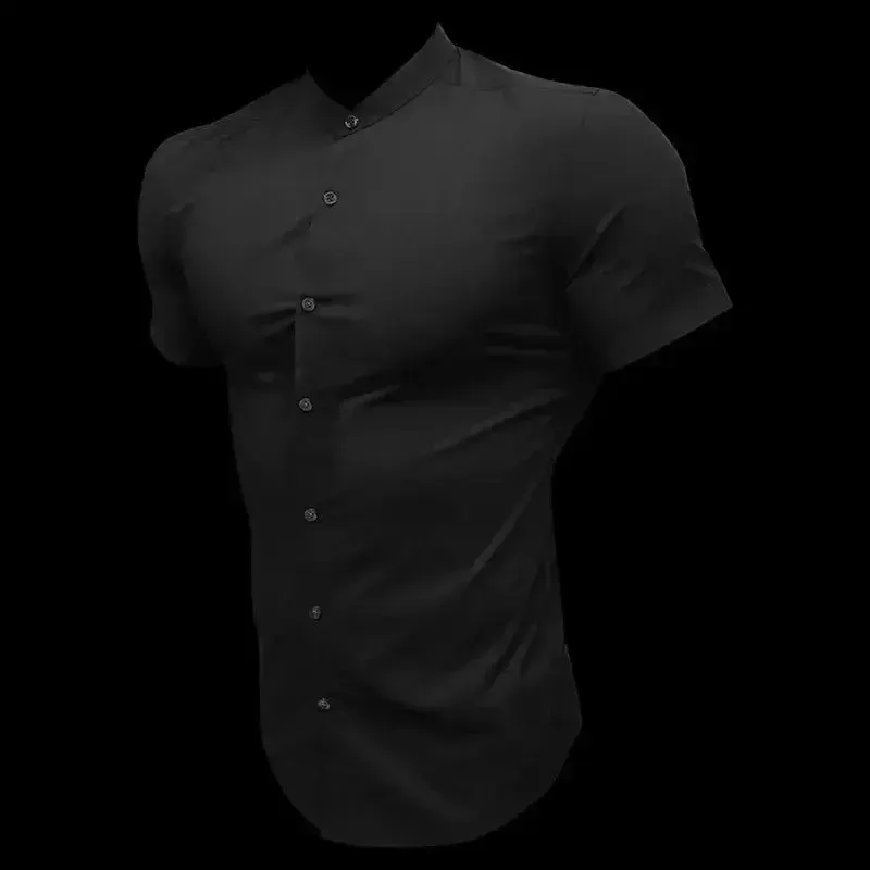 New Summer Men Fashion Short Sleeve Solid Shirt Slim Fit Male Social Business Dress Shirt Brand Mens Gym Fitness Sports Clothing