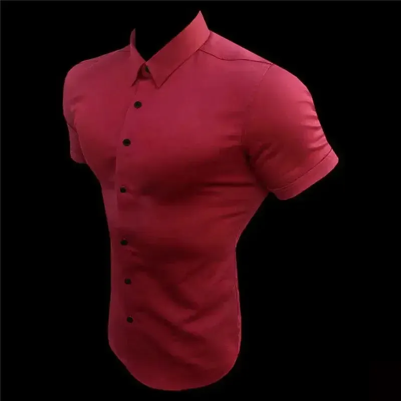 New Summer Men Fashion Short Sleeve Solid Shirt Slim Fit Male Social Business Dress Shirt Brand Mens Gym Fitness Sports Clothing