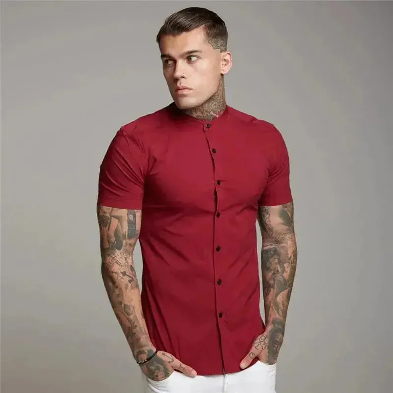 New Summer Men Fashion Short Sleeve Solid Shirt Slim Fit Male Social Business Dress Shirt Brand Mens Gym Fitness Sports Clothing