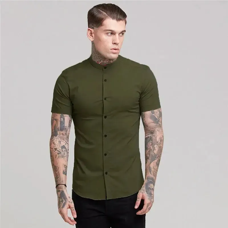 New Summer Men Fashion Short Sleeve Solid Shirt Slim Fit Male Social Business Dress Shirt Brand Mens Gym Fitness Sports Clothing