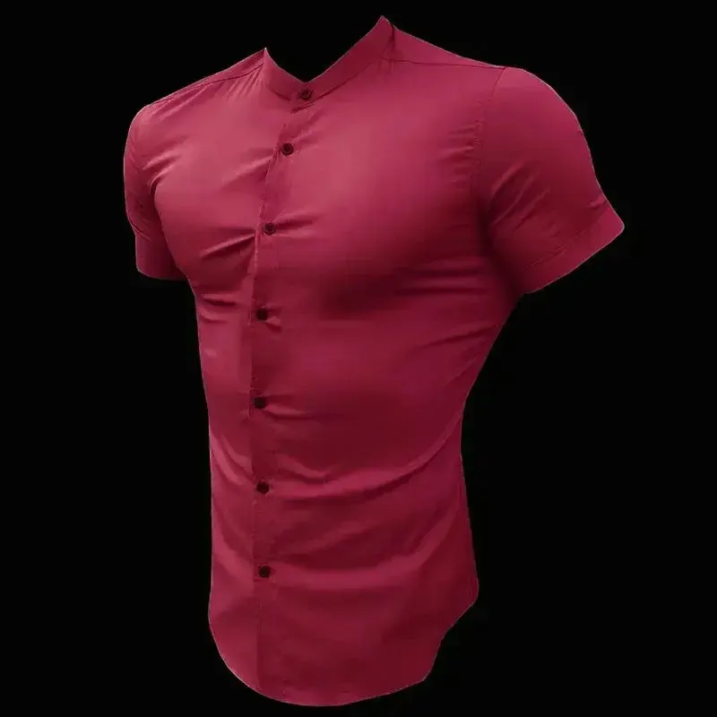 New Summer Men Fashion Short Sleeve Solid Shirt Slim Fit Male Social Business Dress Shirt Brand Mens Gym Fitness Sports Clothing