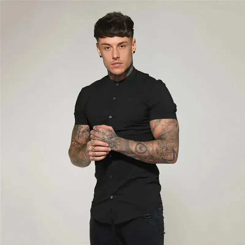 New Summer Men Fashion Short Sleeve Solid Shirt Slim Fit Male Social Business Dress Shirt Brand Mens Gym Fitness Sports Clothing