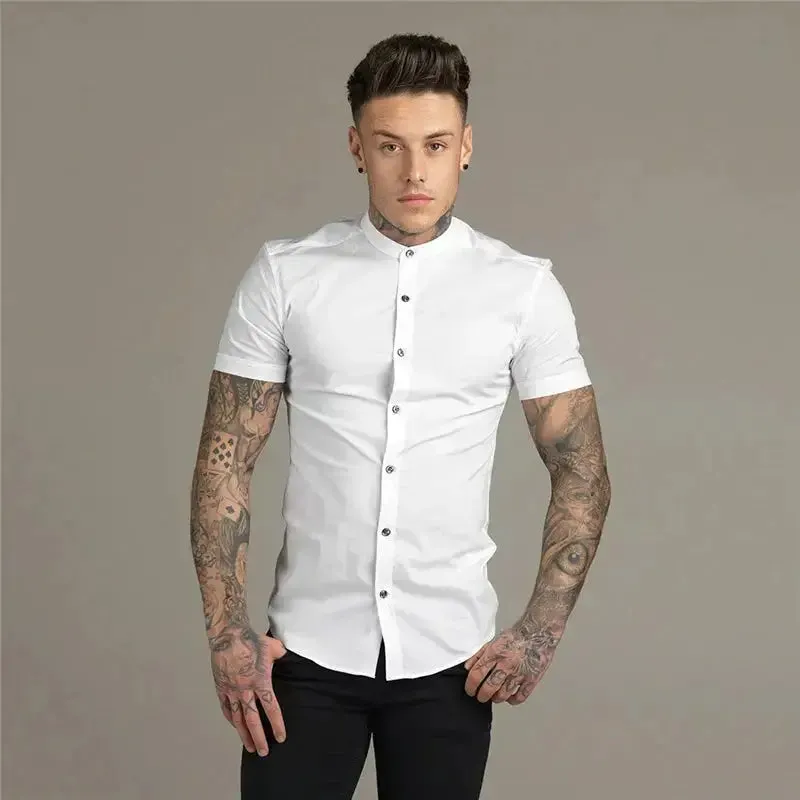 New Summer Men Fashion Short Sleeve Solid Shirt Slim Fit Male Social Business Dress Shirt Brand Mens Gym Fitness Sports Clothing