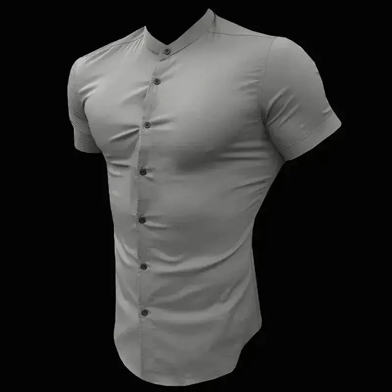 New Summer Men Fashion Short Sleeve Solid Shirt Slim Fit Male Social Business Dress Shirt Brand Mens Gym Fitness Sports Clothing