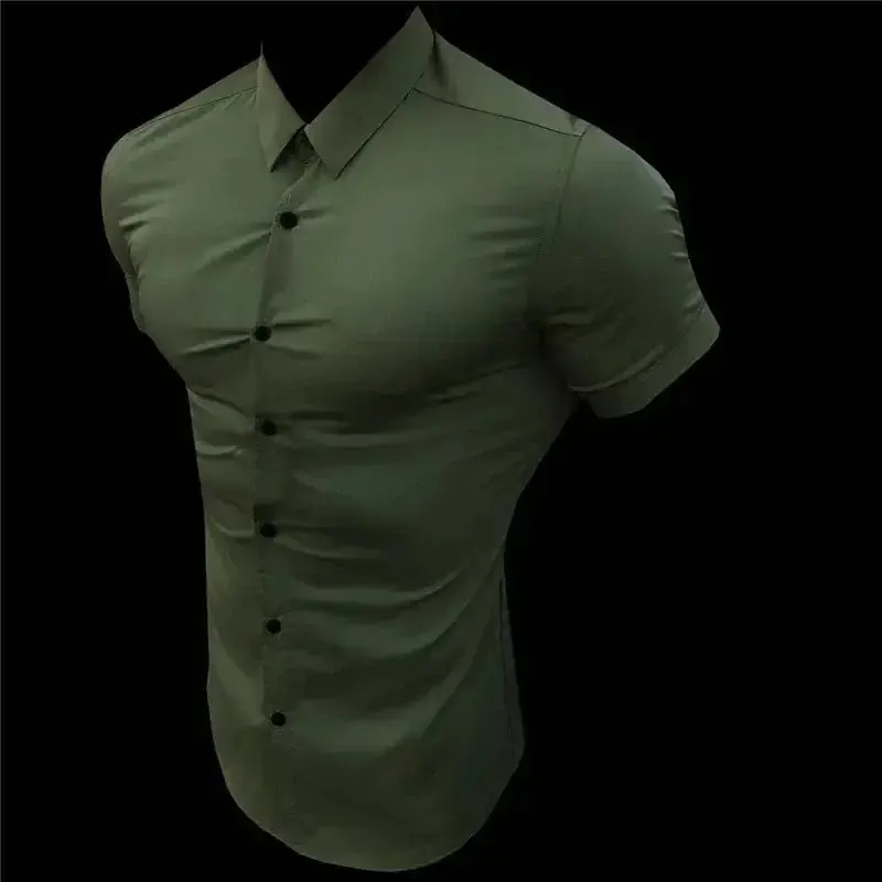 New Summer Men Fashion Short Sleeve Solid Shirt Slim Fit Male Social Business Dress Shirt Brand Mens Gym Fitness Sports Clothing