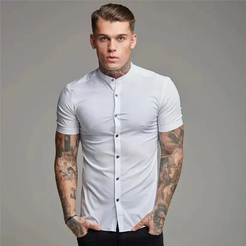 New Summer Men Fashion Short Sleeve Solid Shirt Slim Fit Male Social Business Dress Shirt Brand Mens Gym Fitness Sports Clothing