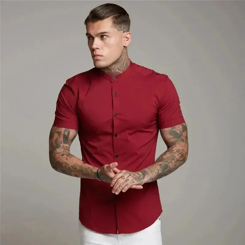 New Summer Men Fashion Short Sleeve Solid Shirt Slim Fit Male Social Business Dress Shirt Brand Mens Gym Fitness Sports Clothing