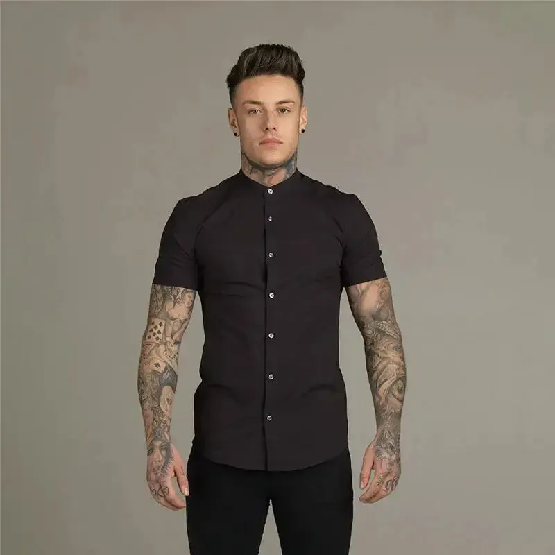 New Summer Men Fashion Short Sleeve Solid Shirt Slim Fit Male Social Business Dress Shirt Brand Mens Gym Fitness Sports Clothing