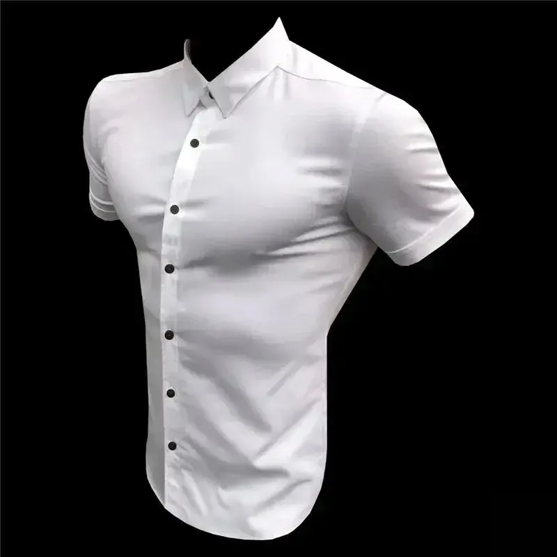 New Summer Men Fashion Short Sleeve Solid Shirt Slim Fit Male Social Business Dress Shirt Brand Mens Gym Fitness Sports Clothing