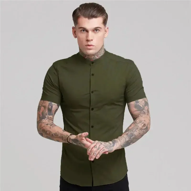 New Summer Men Fashion Short Sleeve Solid Shirt Slim Fit Male Social Business Dress Shirt Brand Mens Gym Fitness Sports Clothing