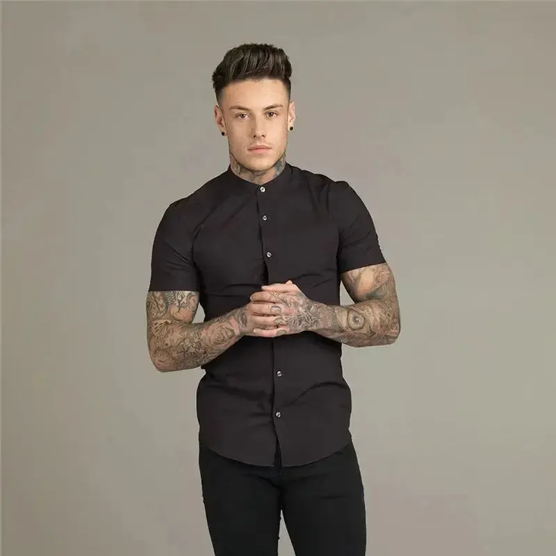 New Summer Men Fashion Short Sleeve Solid Shirt Slim Fit Male Social Business Dress Shirt Brand Mens Gym Fitness Sports Clothing