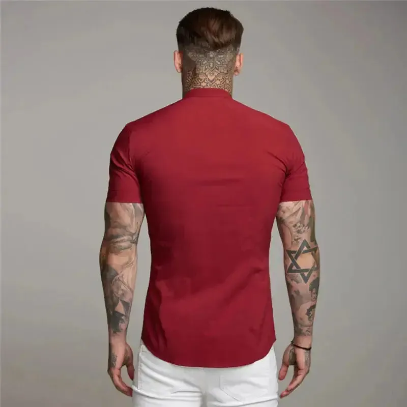 New Summer Men Fashion Short Sleeve Solid Shirt Slim Fit Male Social Business Dress Shirt Brand Mens Gym Fitness Sports Clothing