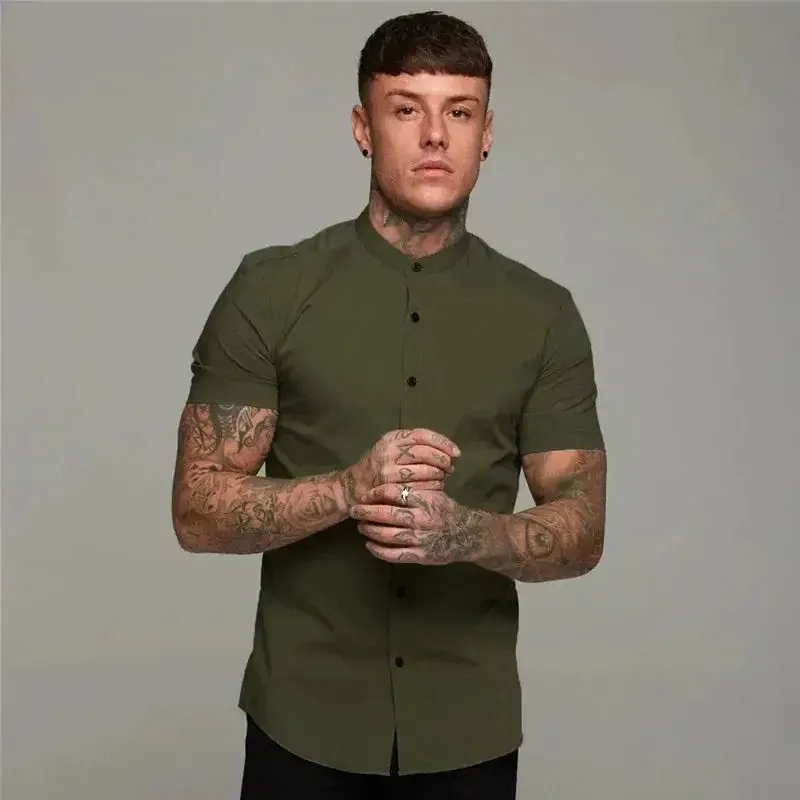 New Summer Men Fashion Short Sleeve Solid Shirt Slim Fit Male Social Business Dress Shirt Brand Mens Gym Fitness Sports Clothing