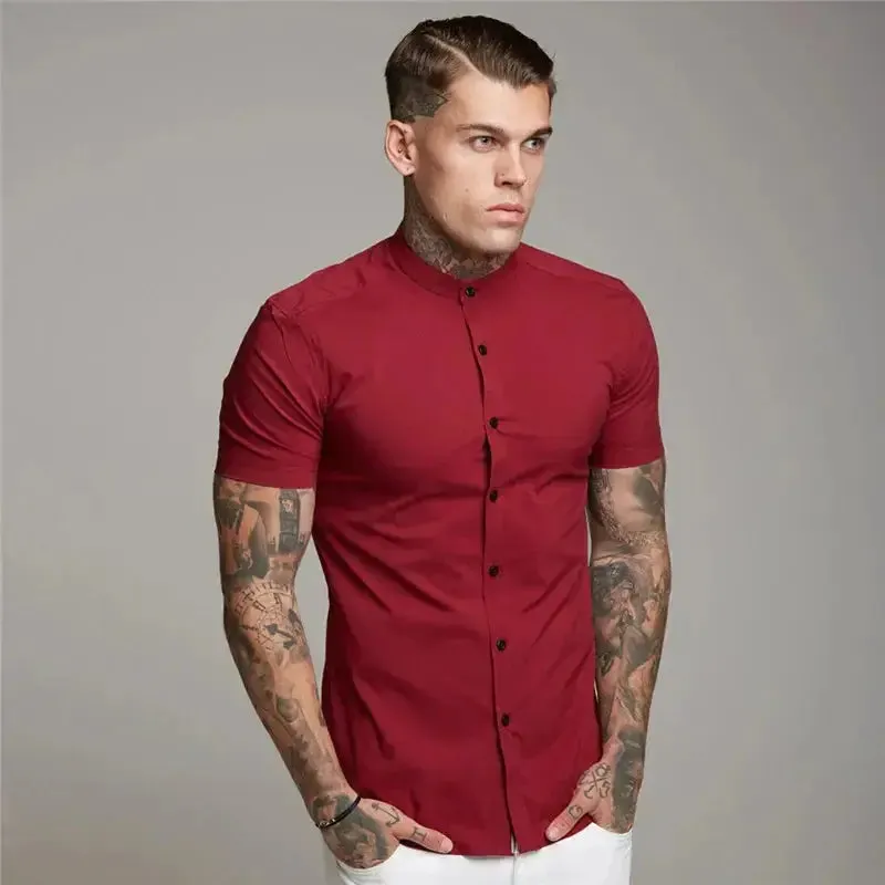 New Summer Men Fashion Short Sleeve Solid Shirt Slim Fit Male Social Business Dress Shirt Brand Mens Gym Fitness Sports Clothing