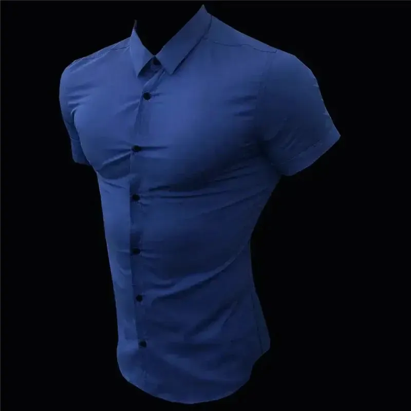 New Summer Men Fashion Short Sleeve Solid Shirt Slim Fit Male Social Business Dress Shirt Brand Mens Gym Fitness Sports Clothing