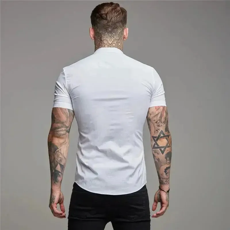 New Summer Men Fashion Short Sleeve Solid Shirt Slim Fit Male Social Business Dress Shirt Brand Mens Gym Fitness Sports Clothing