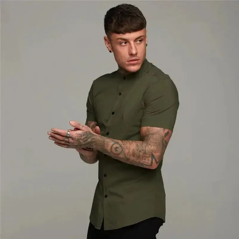 New Summer Men Fashion Short Sleeve Solid Shirt Slim Fit Male Social Business Dress Shirt Brand Mens Gym Fitness Sports Clothing