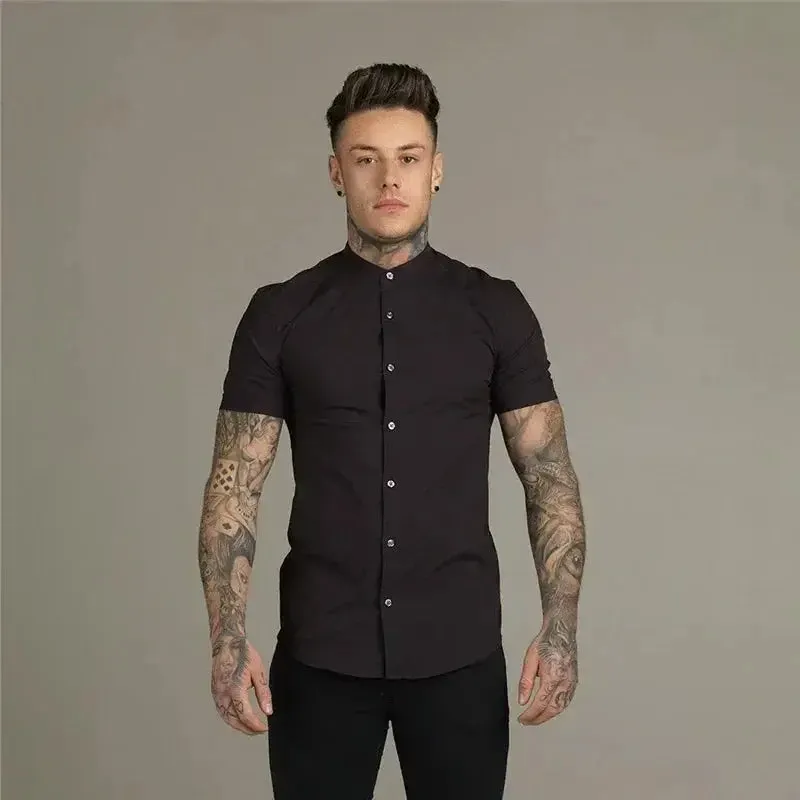 New Summer Men Fashion Short Sleeve Solid Shirt Slim Fit Male Social Business Dress Shirt Brand Mens Gym Fitness Sports Clothing