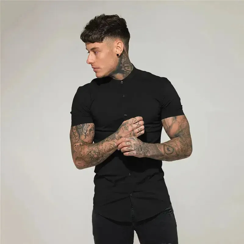 New Summer Men Fashion Short Sleeve Solid Shirt Slim Fit Male Social Business Dress Shirt Brand Mens Gym Fitness Sports Clothing