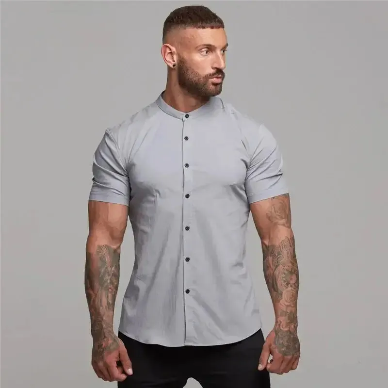 New Summer Men Fashion Short Sleeve Solid Shirt Slim Fit Male Social Business Dress Shirt Brand Mens Gym Fitness Sports Clothing