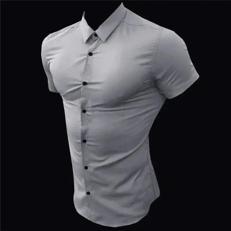 New Summer Men Fashion Short Sleeve Solid Shirt Slim Fit Male Social Business Dress Shirt Brand Mens Gym Fitness Sports Clothing