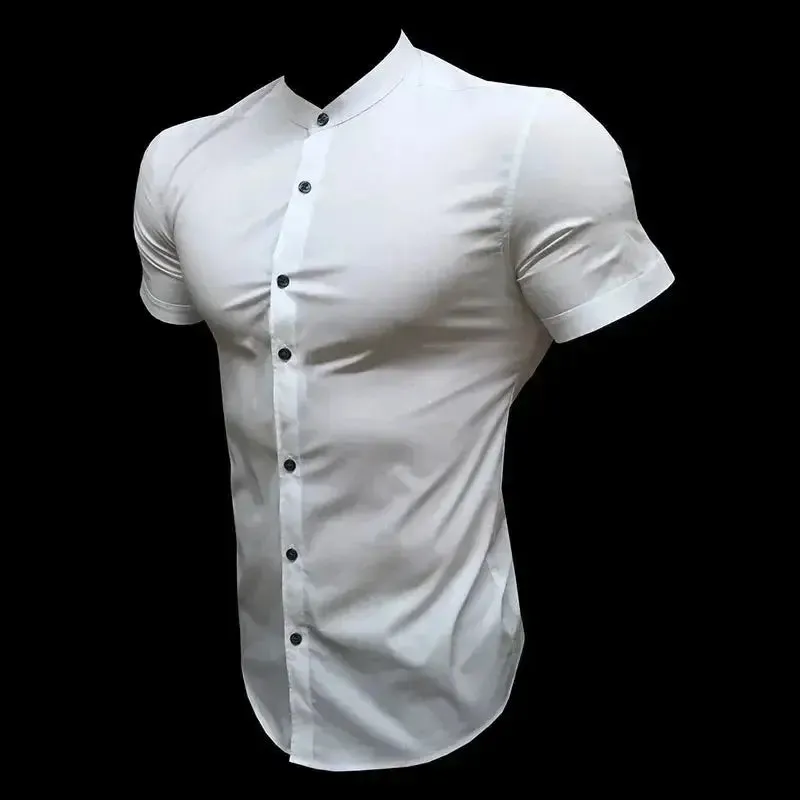 New Summer Men Fashion Short Sleeve Solid Shirt Slim Fit Male Social Business Dress Shirt Brand Mens Gym Fitness Sports Clothing