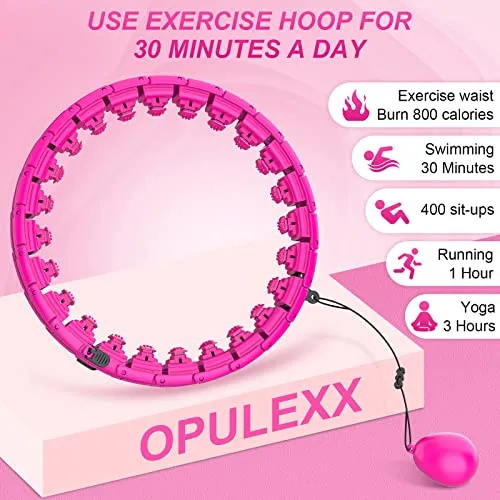 OPULEXX Smart Weighted Fit Hoop for Adults Weight Loss, 24 Sections Detachable Knots, 2 in 1 Adomen Fitness Massage, Suitable for Adults, Women, Men and Family, Great for Exercise and Fitness（Pink）