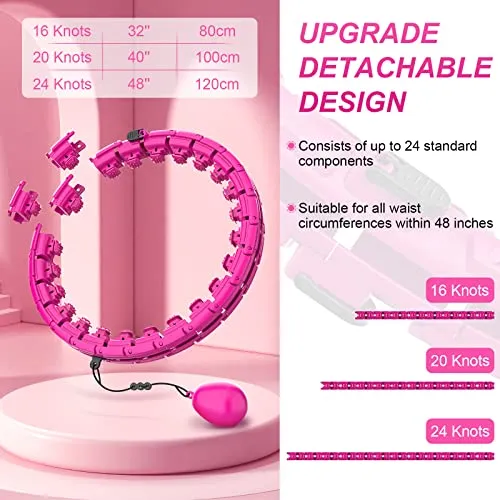 OPULEXX Smart Weighted Fit Hoop for Adults Weight Loss, 24 Sections Detachable Knots, 2 in 1 Adomen Fitness Massage, Suitable for Adults, Women, Men and Family, Great for Exercise and Fitness（Pink）