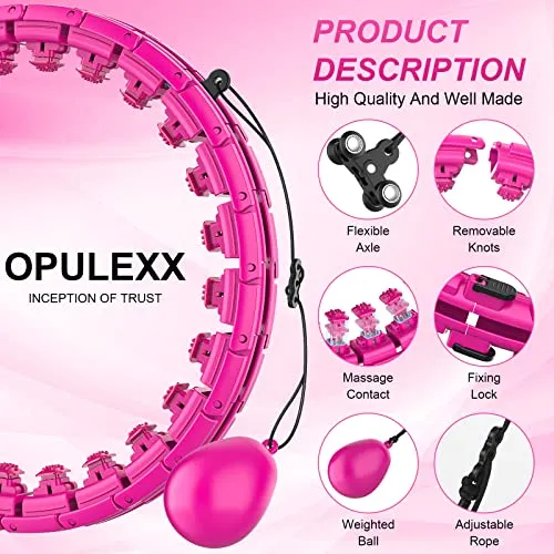 OPULEXX Smart Weighted Fit Hoop for Adults Weight Loss, 24 Sections Detachable Knots, 2 in 1 Adomen Fitness Massage, Suitable for Adults, Women, Men and Family, Great for Exercise and Fitness（Pink）