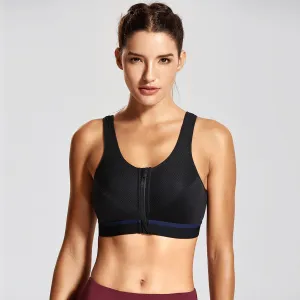 Safety Hook Zip Front Extra Back Support Breathable Wireless Black Sports Bra