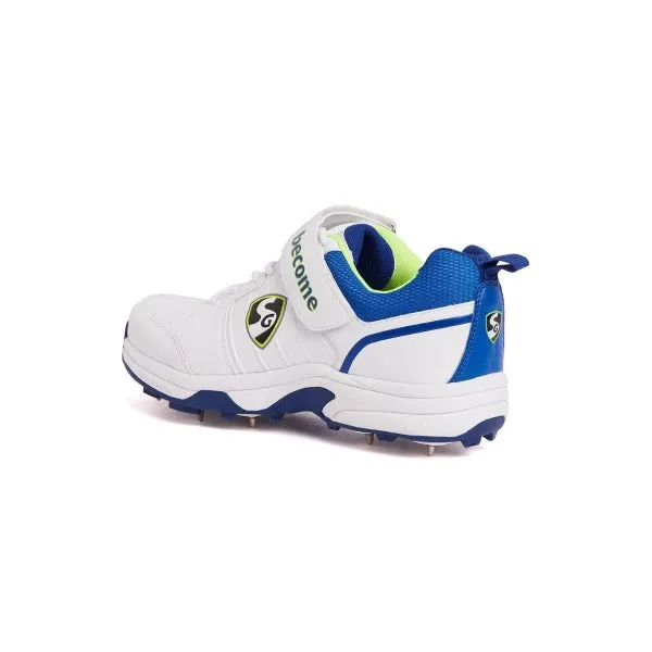 SG Sierra 2.0 Full Metal Spikes Cricket Shoe, White/Lime/Royal Blue