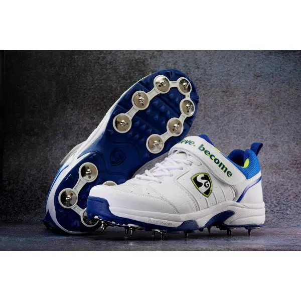 SG Sierra 2.0 Full Metal Spikes Cricket Shoe, White/Lime/Royal Blue