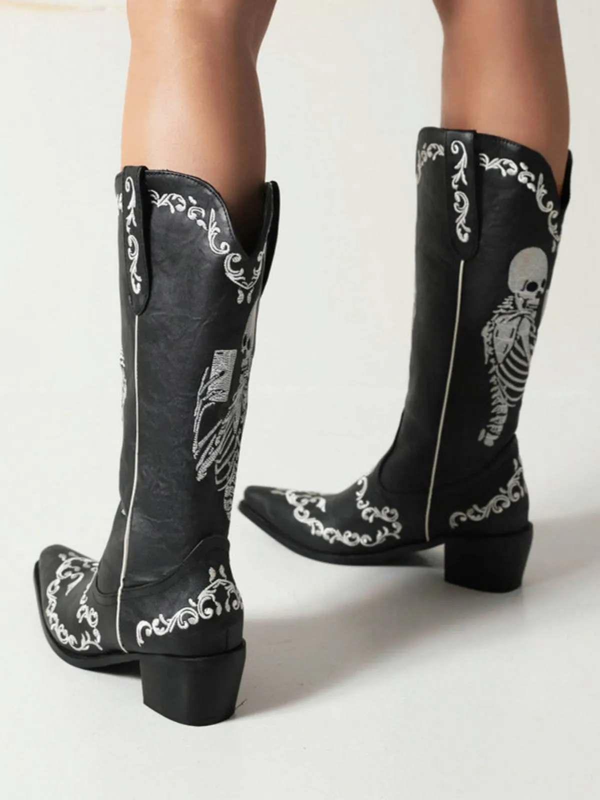 Skeleton Embroidery Pointed Chunky Heels Boots