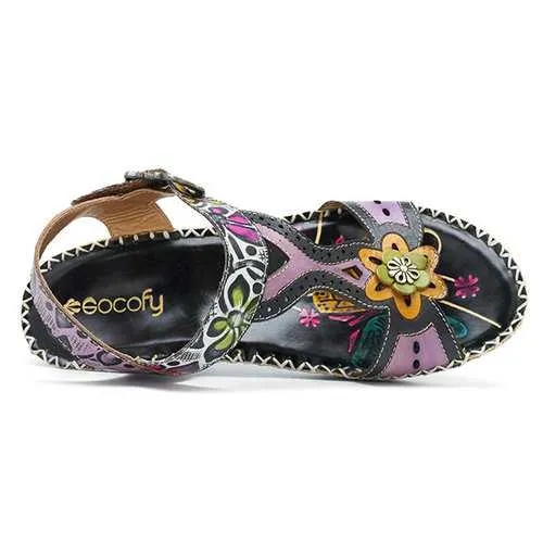 SOCOFY Bohemian Hook Loop Flat Leather Sandals