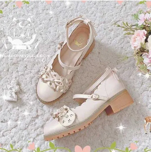 Sohiwoo Vintage Round Head Thick Heel Women Shoes Cute Bowknot Lace Ruffle Kawaii Shoes Loli Cosplay Japanese Sweet Student Lolita Shoes