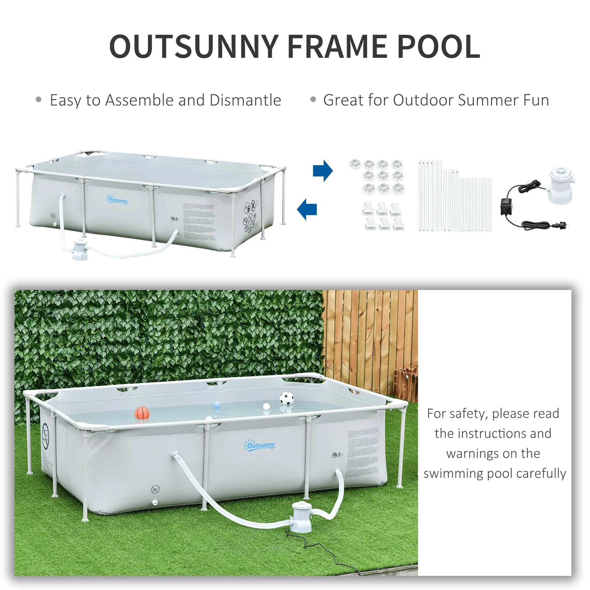 Steel Frame Pool with Filter Pump and Filter Cartridge Rust Resistant Above Ground Pool with Reinforced Sidewalls, 252 x 152 x 65cm, Grey